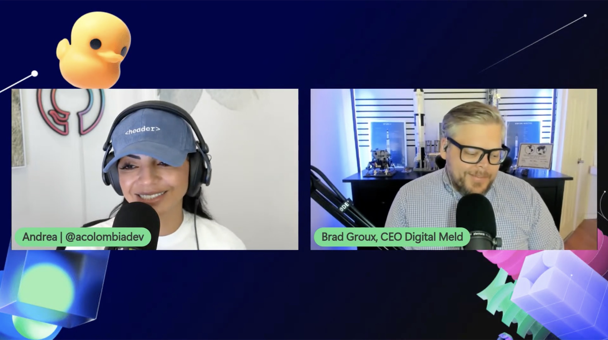 Andrea Griffiths and Brad Groux during GitHub Rubber Duck Thursday discussing OpenClaw, business AI, people, and process.
