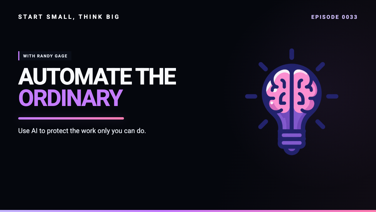 Start Small, Think Big episode 0033 artwork: How a Non-Tech Entrepreneur Uses AI 100 Times a Day, with Randy Gage.