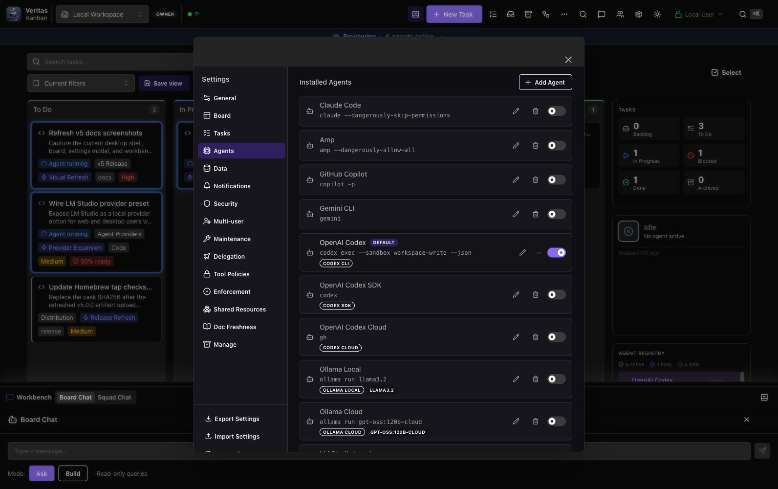 Veritas Kanban 5.0 agent provider settings for Codex, Ollama, LM Studio, and related workflows.
