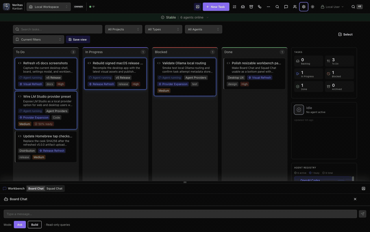 Animated Veritas Kanban 5.0 tour showing the board, task work view, workflow surfaces, and audit-oriented work state.