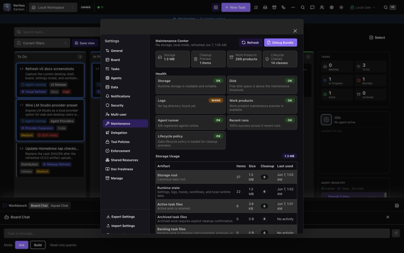 Veritas Kanban 5.0 Maintenance Center showing system health and operational diagnostics.