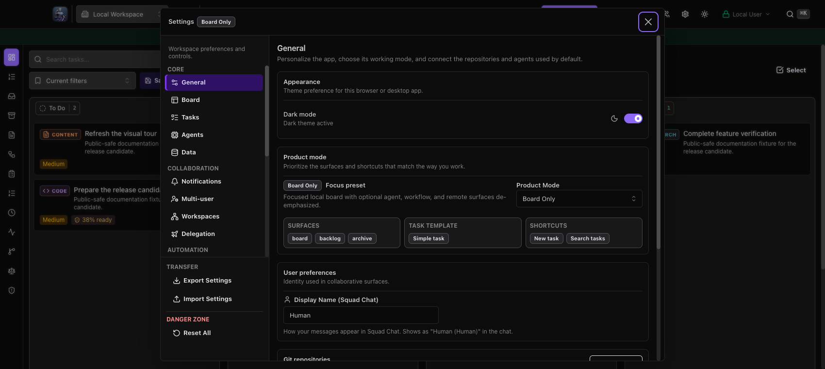 6.1.7 Settings dialog over the board