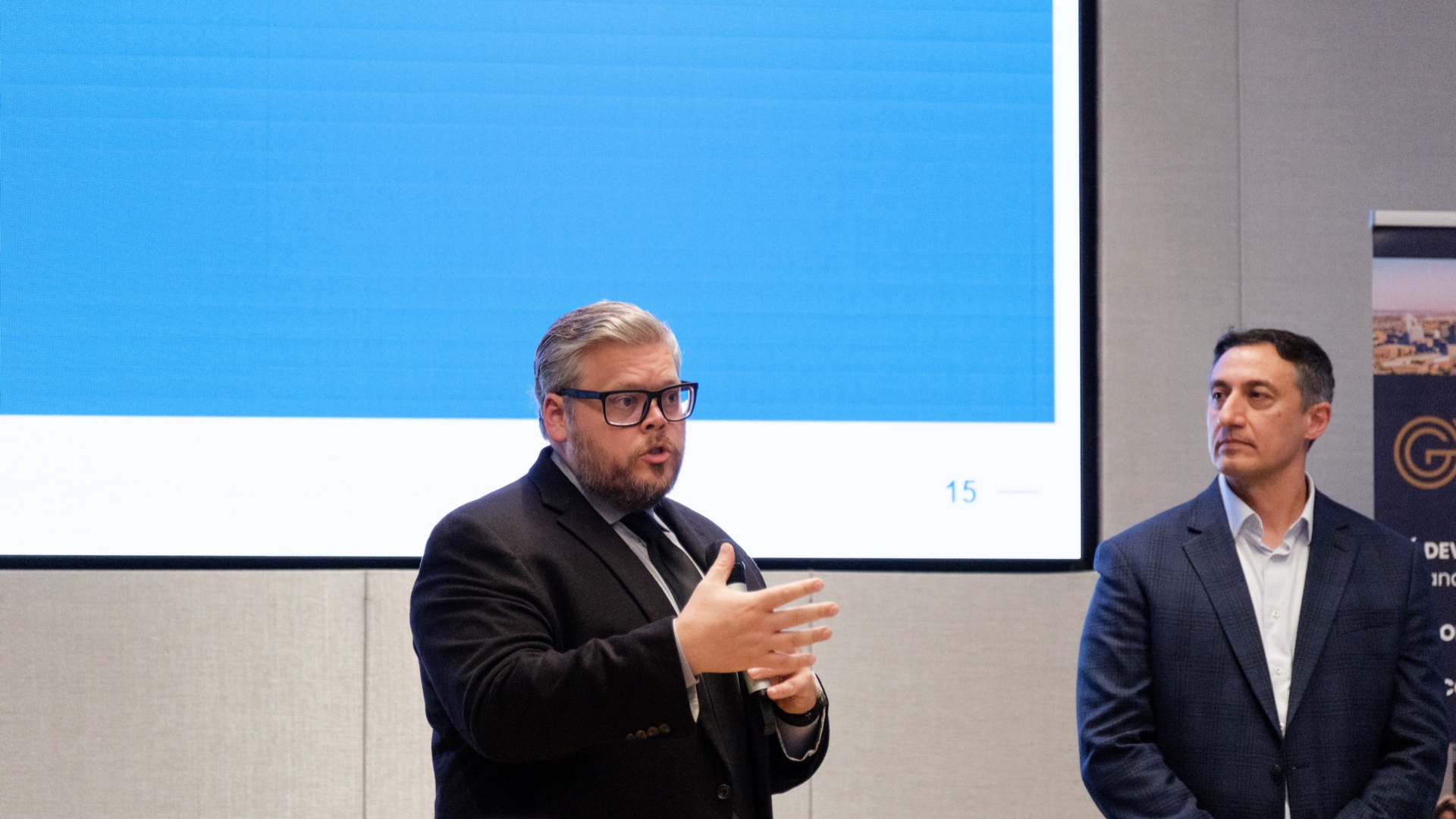 Brad Groux making the affirmative case alongside Texas Representative Giovanni Capriglione at the World Affairs Council of Greater Houston AI debate.