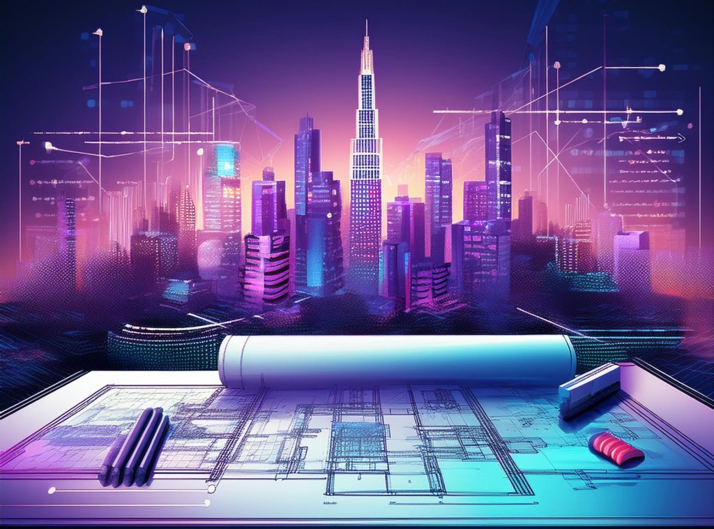 Futuristic city scape with building blueprints, to highlight Digital Meld's Program Managment Technology capabilities.