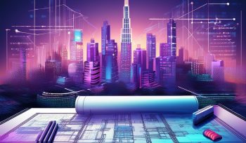 Futuristic city scape with building blueprints, to highlight Digital Meld's Program Managment Technology capabilities.